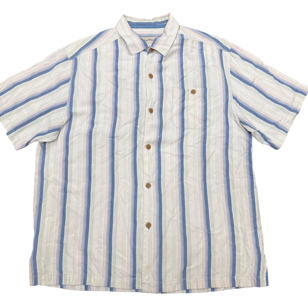 Tommy Bahama Shirt Mens Large Blue White Striped 100% Silk Short Sleeve Button